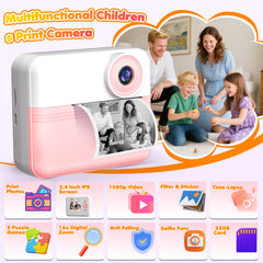 Kids Instant Print Camera, 1080P HD Digital Video Camera for Girls & Boys Age 3-12, Instant Camera with 2.4" IPS Screen, Long-Lasting Battery, 32GB Card, MP3 & Games, Christmas Birthday Gift Pink