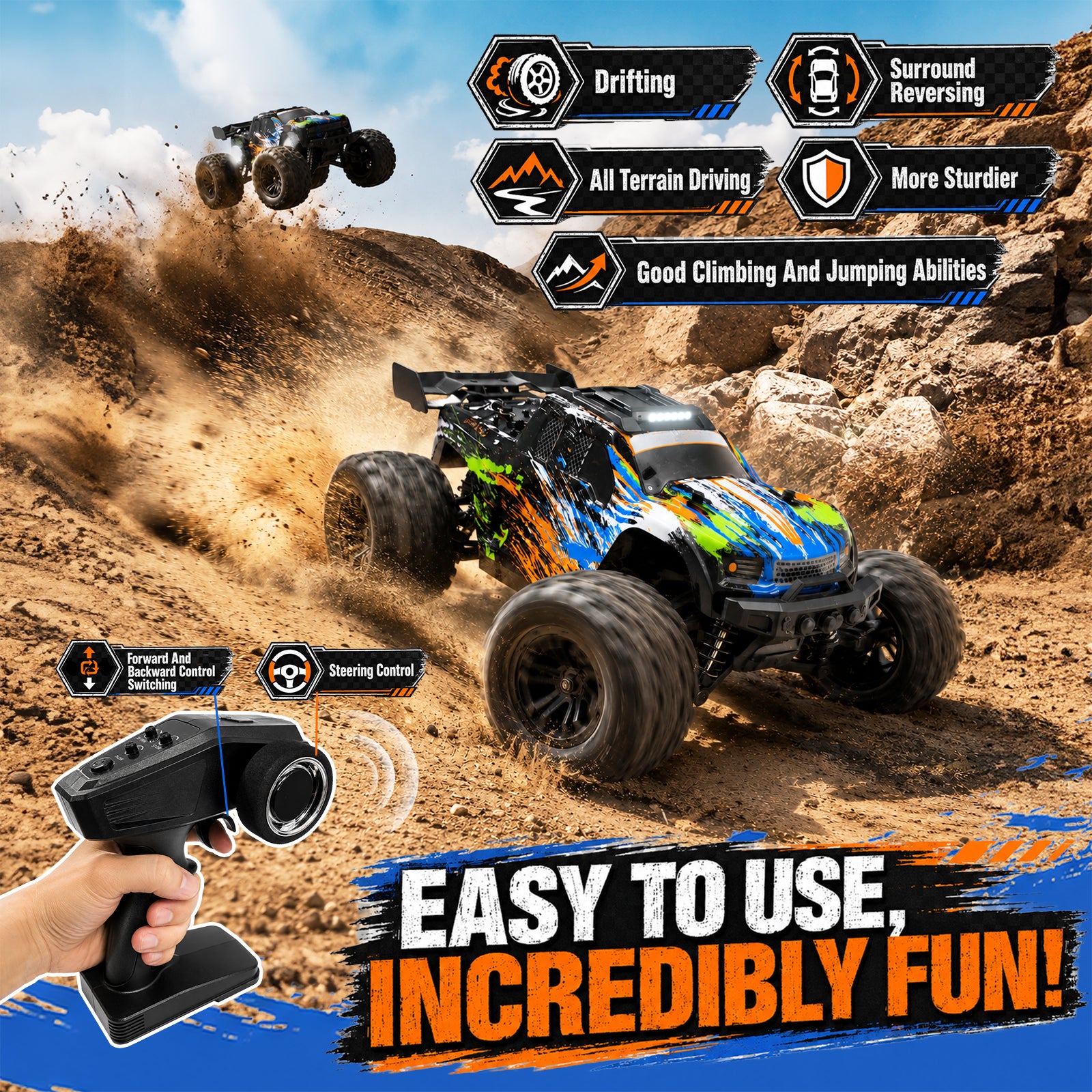 Yeahill 1:18 RC Car, 35 KM/H Remote Control Truck with 2 Batteries for 30 Min Playtime, Proportional Steering High Speed RC Cars for Adults and Kids