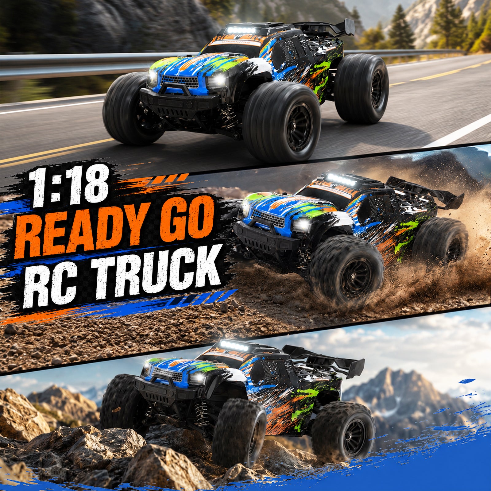 Yeahill 1:18 RC Car, 35 KM/H Remote Control Truck with 2 Batteries for 30 Min Playtime, Proportional Steering High Speed RC Cars for Adults and Kids