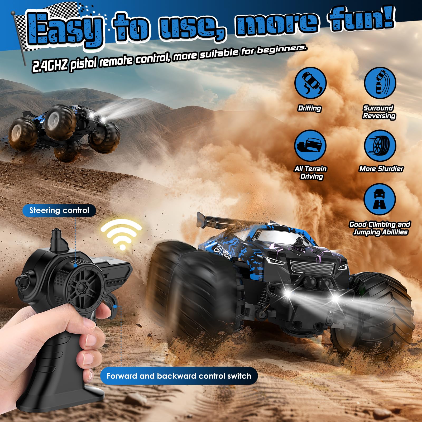 Yeahill Remote Control Car, All-Terrain Remote Control Truck for Boys, Rechargeable Rc Truck with LED, 1:20, 10KM/H, 2 Motors, 2.4GHZ, Speed Friendly, Sturdy, Rc Cars for Christmas, Kids, Beginner