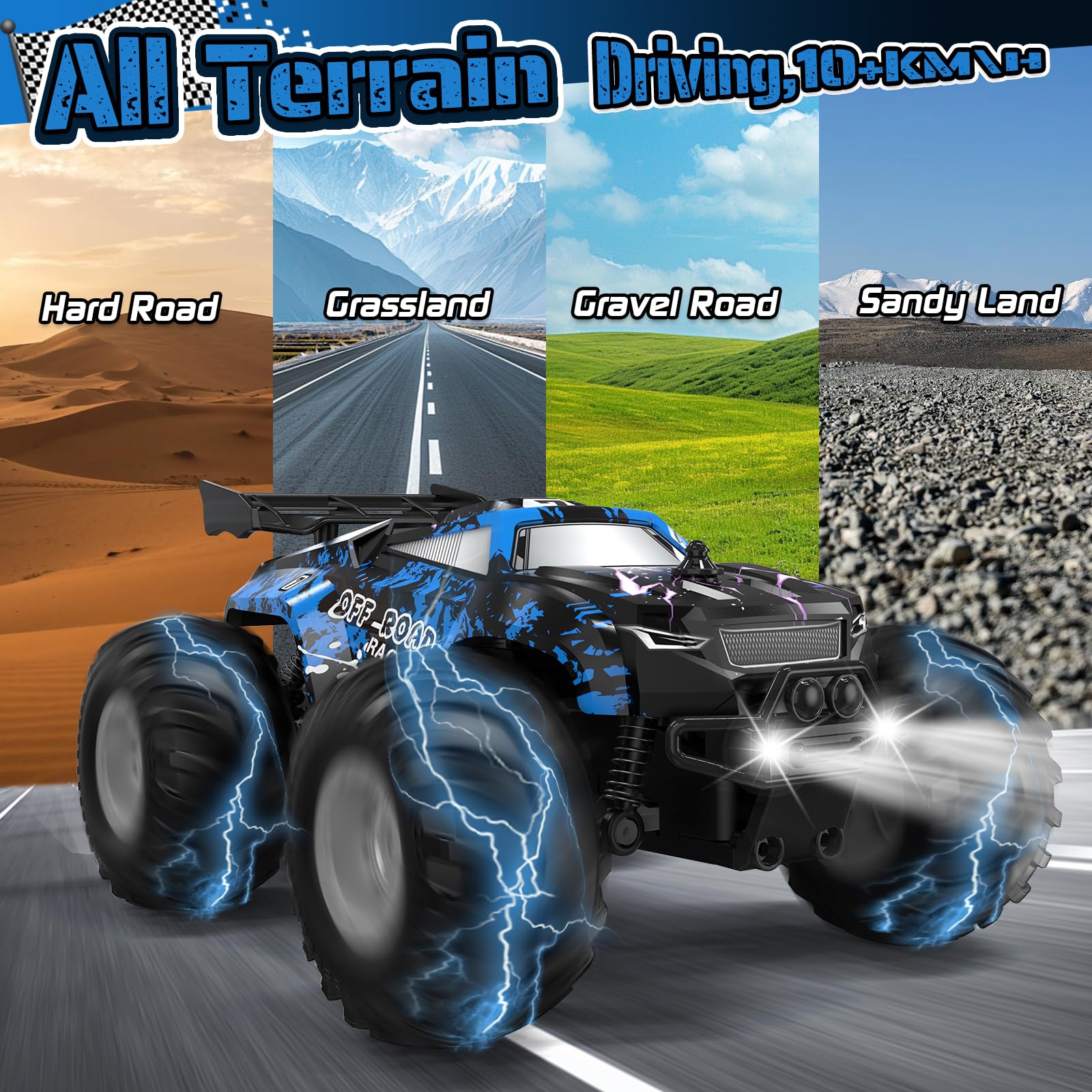 Yeahill Remote Control Car, All-Terrain Remote Control Truck for Boys, Rechargeable Rc Truck with LED, 1:20, 10KM/H, 2 Motors, 2.4GHZ, Speed Friendly, Sturdy, Rc Cars for Christmas, Kids, Beginner