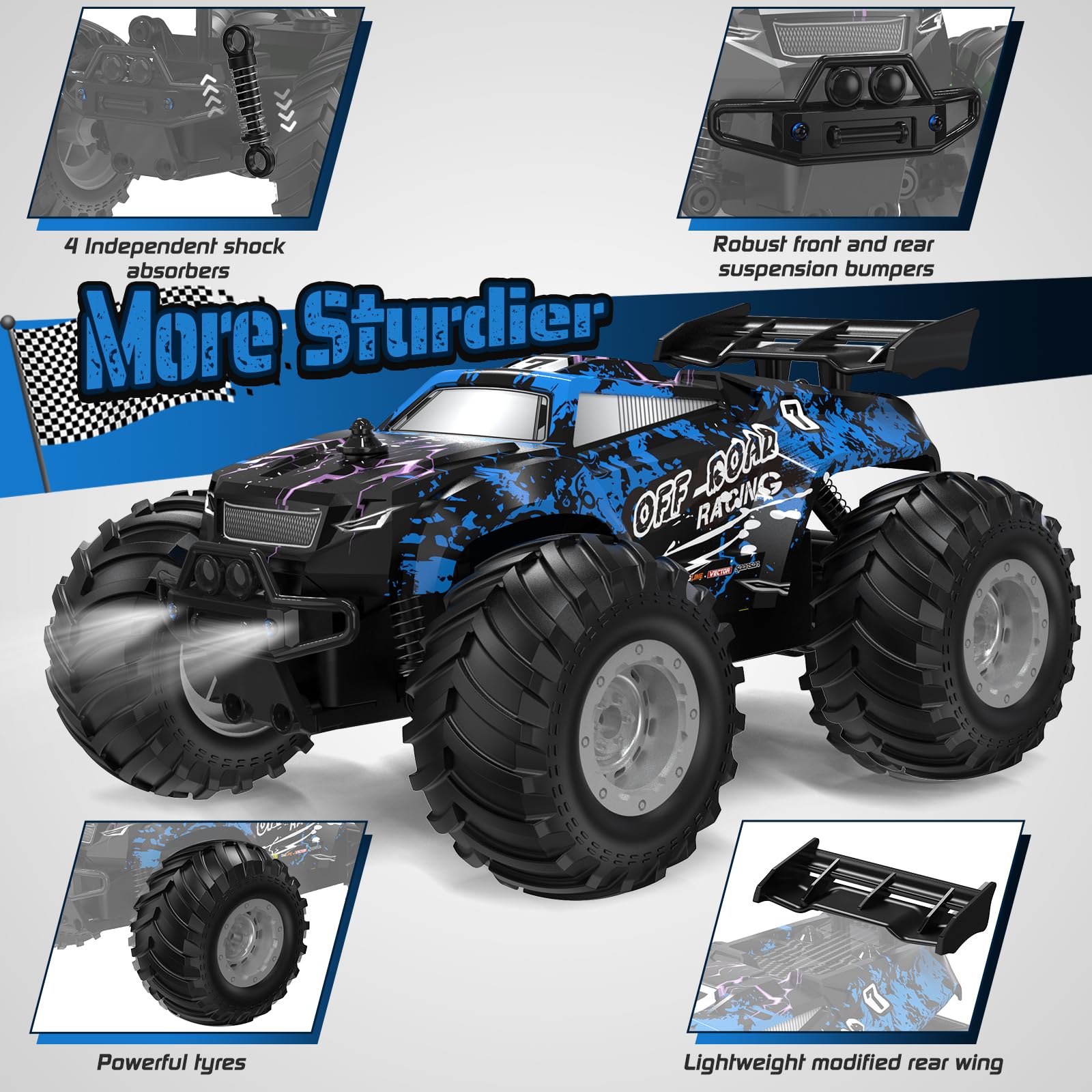 Yeahill Remote Control Car, All-Terrain Remote Control Truck for Boys, Rechargeable Rc Truck with LED, 1:20, 10KM/H, 2 Motors, 2.4GHZ, Speed Friendly, Sturdy, Rc Cars for Christmas, Kids, Beginner