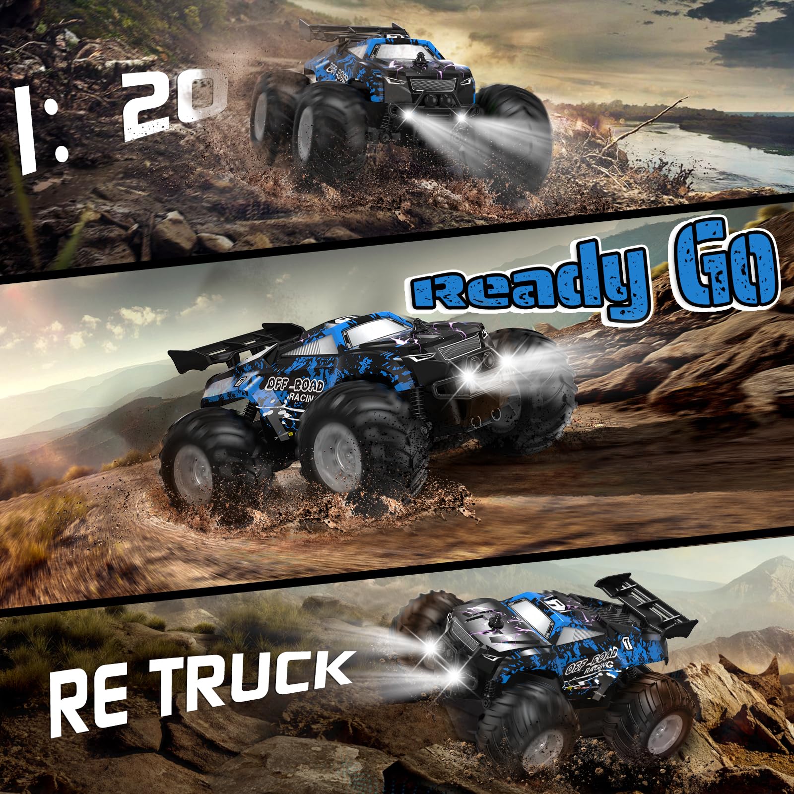Yeahill Remote Control Car, All-Terrain Remote Control Truck for Boys, Rechargeable Rc Truck with LED, 1:20, 10KM/H, 2 Motors, 2.4GHZ, Speed Friendly, Sturdy, Rc Cars for Christmas, Kids, Beginner